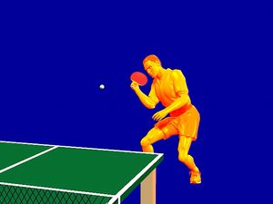 Observe the open racket face required to execute a forehand chop in table tennis