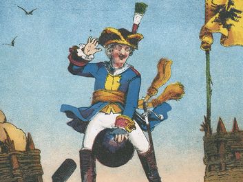 Baron Munchhausen. tall tale. Munchausen surprises artillerymen by arriving mounted on a cannon ball. From The Travels and Surprising Adventures of Baron Munchausen by Rudolf Erich Raspe first published 1785. Chromolithograph, French edition, c1850.