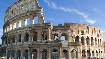The Colosseum, Rome, Italy.  Giant amphitheatre built in Rome under the Flavian emperors. (ancient architecture; architectural ruins)