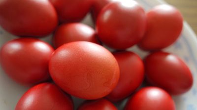 Red eggs, which symbolize happiness and the renewal of life. Commonly consumed at Easter in the Orthodox Christian faith, symbolizing Christ's blood.