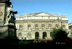 Behold the façade of La Scala opera house in Milan where the church of Santa Maria alla Scala once stood