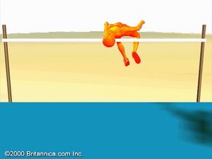 Study the track-and-field athlete's running jump method to achieve maximum height over the crossbar
