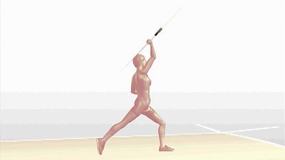 Study a side-view demonstration of a track-and-field athlete throwing a javelin