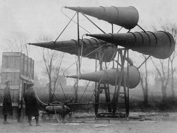 War tuba acoustic sensor kit - used in accurately locating enemy airplanes either night or day. Due to non-portability, great size and weight, apparatus is best adapted for defending back areas, hospitals, ammunition dumps, etc. (World War I)