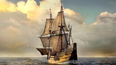 Mayflower. Plymouth. Photograph of the Mayflower II a full-scale reproduction of the Mayflower. The Mayflower II built in Devon, England, crossed the Atlantic in 1957 maintained by Plimoth Plantation in Plymouth, MA.