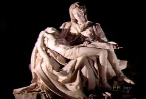 Examine details of Michelangelo's Pietà of 1499, portraying the Virgin Mary holding Jesus Christ after the Crucifixion