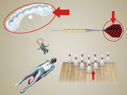 Name that Thing - Sports and Games, composite image: parachute canopy, dart flight, luge, bowling pocket