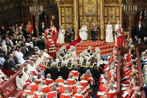Queen Elizabeth II at the State Opening of Parliament on May 8, 2013.  L-R: Camilla, Duchess of Cornwall, Prince Charles, Prince of Wales, Queen Elizabeth II and Prince Philip, Duke of Edinburgh attend the State Opening of Parliament in London, England. Queen Elizabeth II unveiled the coalition government&#39;s legislative program in a speech delivered to Members of Parliament and Peers in The House of Lords. Proposed legislation is expected to be introduced on toughening immigration regulations, capping social care costs in England and setting a single state pension rate of 144 GBP per week.