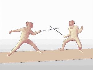 Witness a fencer's foil bout met with a parry and quick return thrust from the opponent