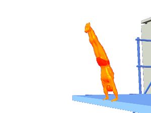 Observe a diver fall forward from the handstand position into a pike before entering the water headfirst