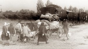 View the mass migration of German refugees, as the Soviet army advances into East Prussia, January 12, 1945