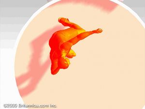Study the shot-put technique of a track-and-field athlete spinning and heaving a metal ball from the shoulder