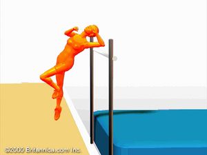 Examine how the athlete takes a running jump to attain maximum height over the vertical crossbar