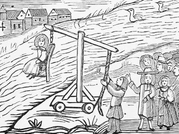 Woman tied to a ducking stool, a method of punishment by means of humiliation, beating, or death. (cucking stool)